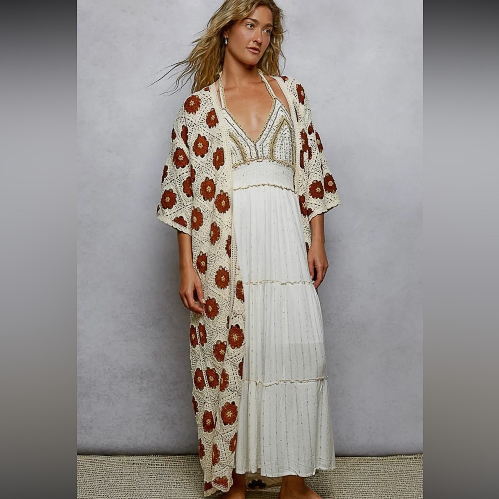 Bohemian Kimono with Rust Floral Accents